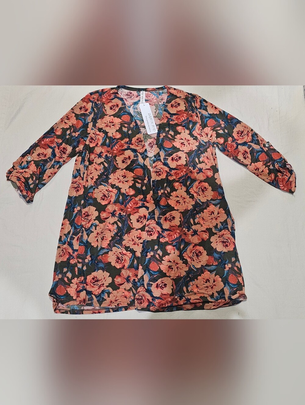 Dear Scarlett Coral & Olive Floral Tunic Cardigan with Navy Accents